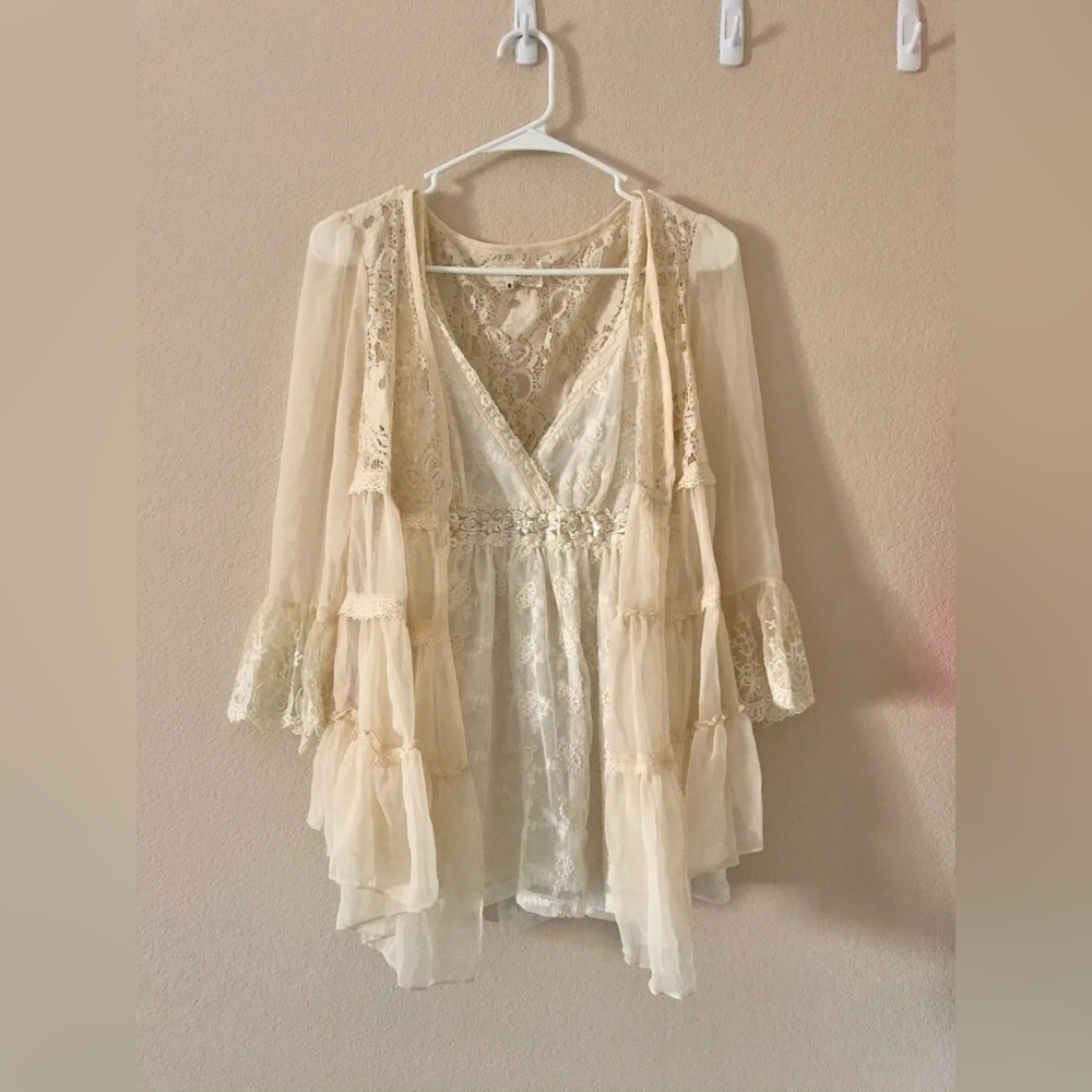 NWOT retro sheer lace bell-sleeve babydoll cardigan with ruffles in ivory - Picture 6 of 6